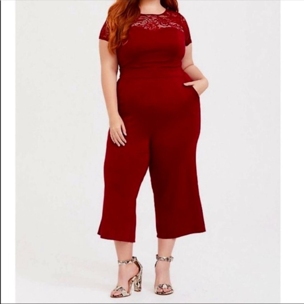 Torrid Burgundy Lace Short Sleeve Ponte Jumpsuit